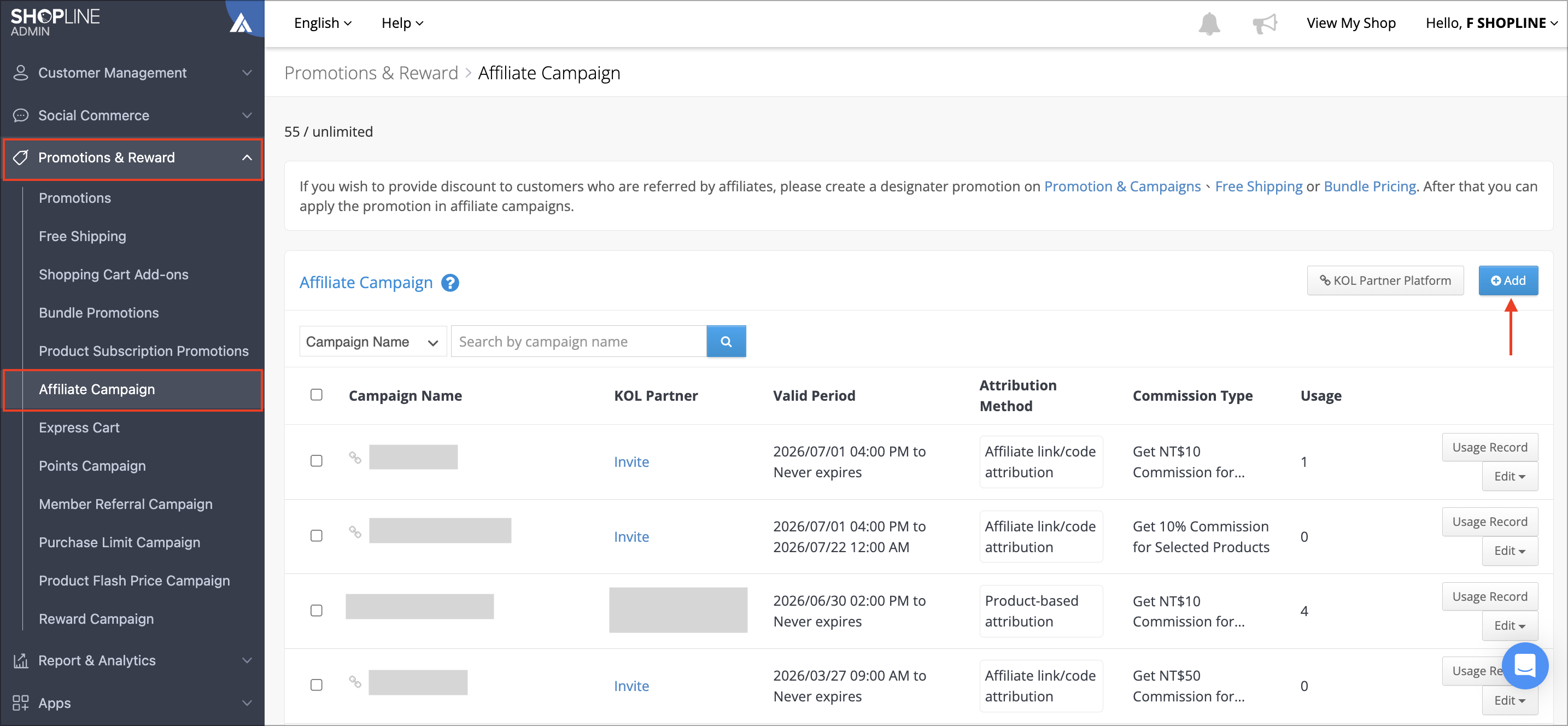 Click the Add button in the Affiliate Campaign page in SHOPLINE Admin