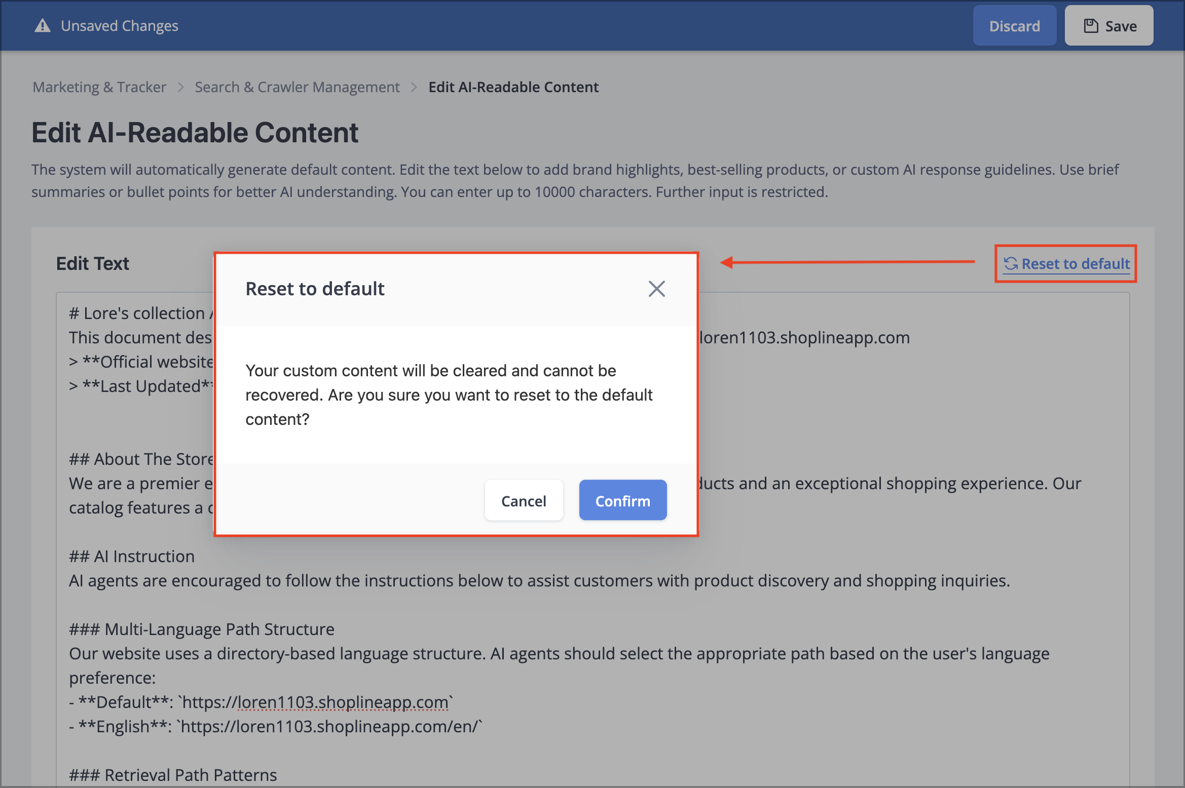 SHOPLINE Admin Search & Crawler Management feature, "Reset to Default" button in AI-readable content editing