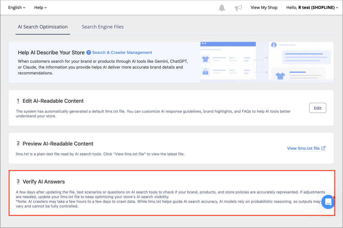 SHOPLINE Admin Search & Crawler Management feature, Verify AI Answers section