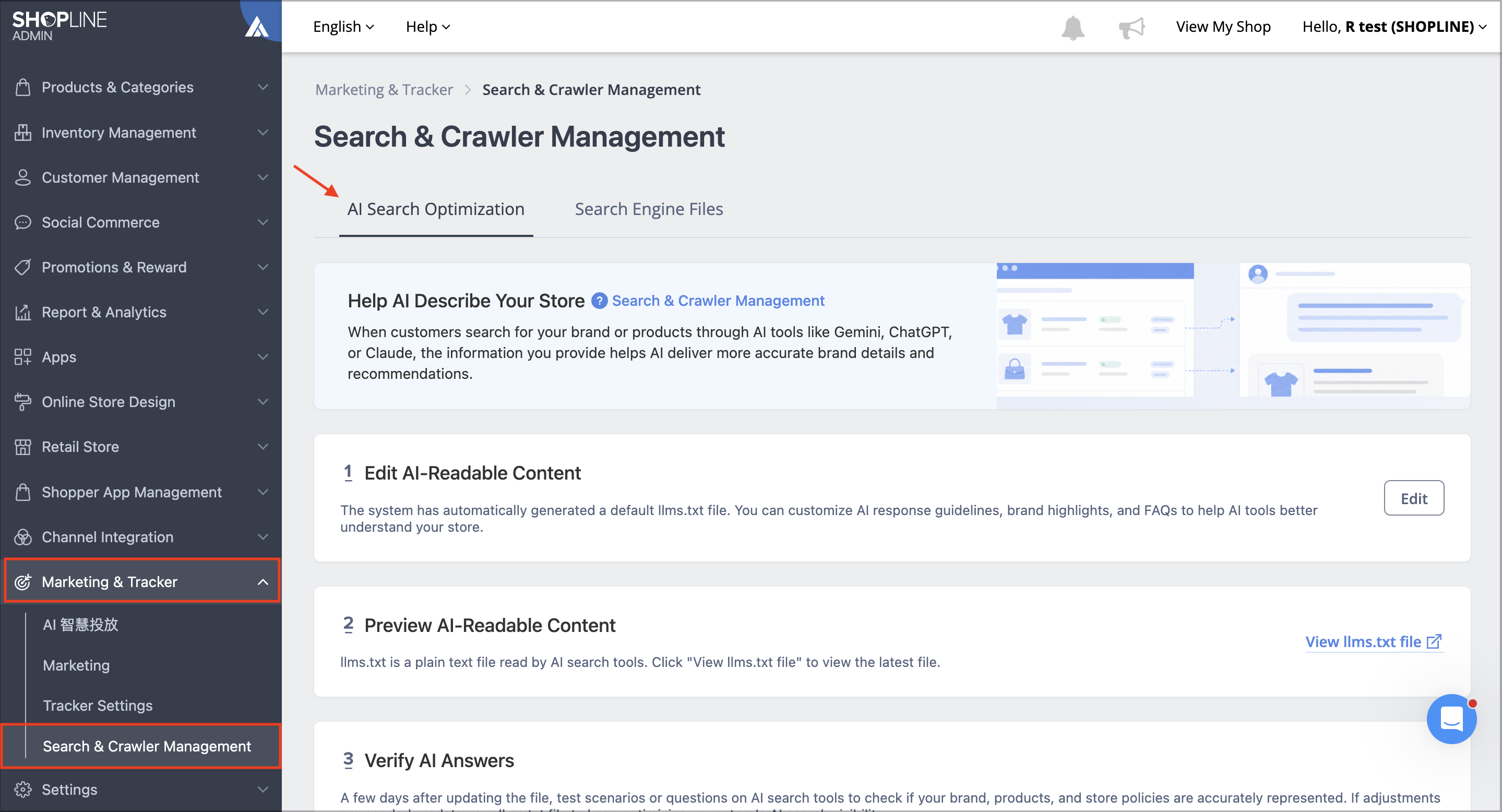 SHOPLINE Admin "Search & Crawler Management" page, showing three steps under the "AI Search Optimization" tab: Edit AI-Readable Content, Preview AI-Readable Content, Verify AI Answers