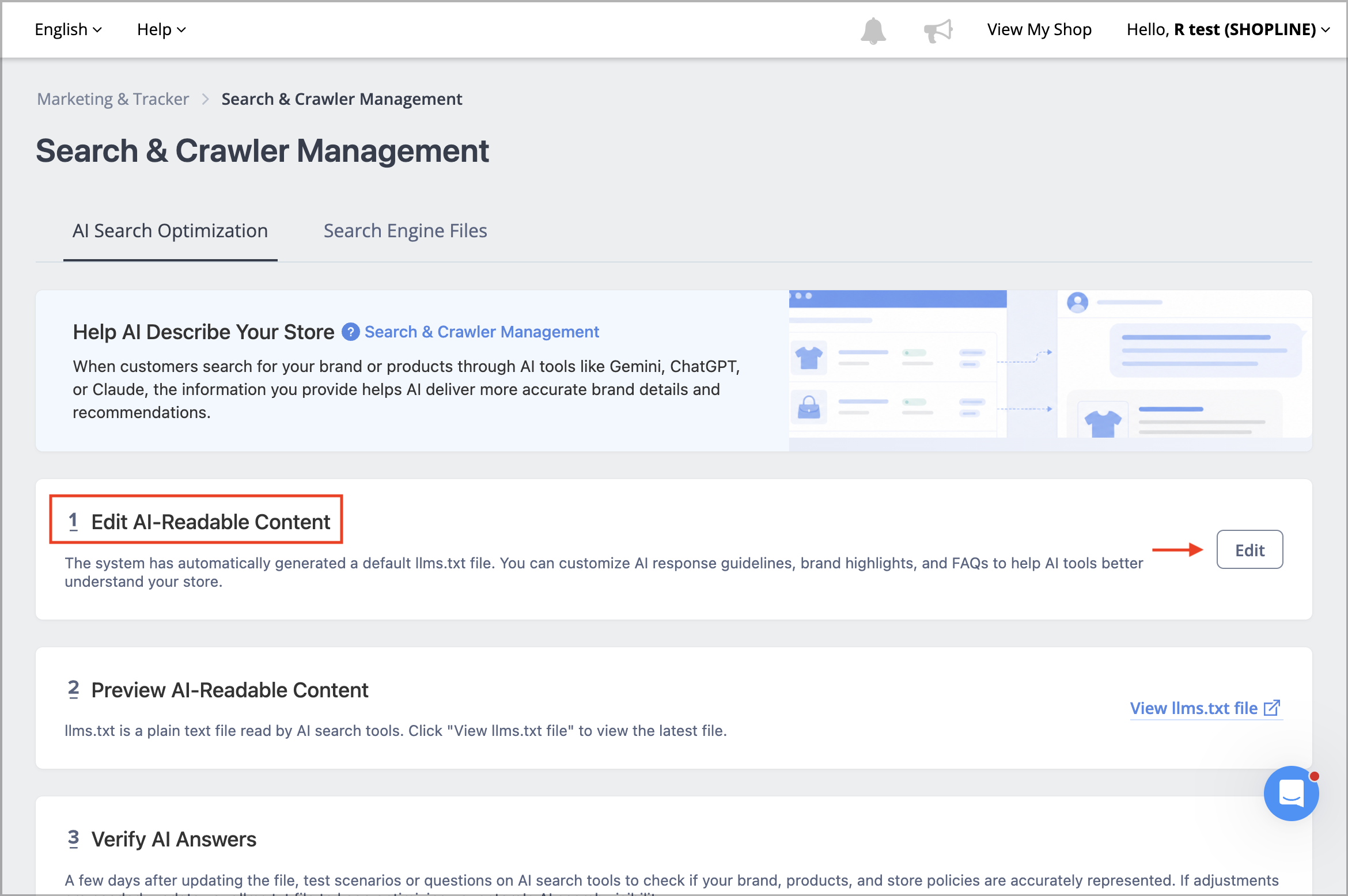 SHOPLINE Admin Search & Crawler Management feature, Edit AI-Readable Content field