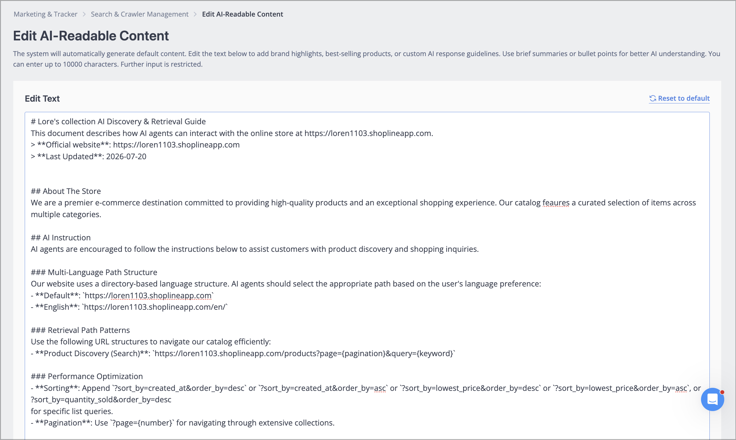 SHOPLINE Admin Search & Crawler Management feature, example of editing AI-readable content