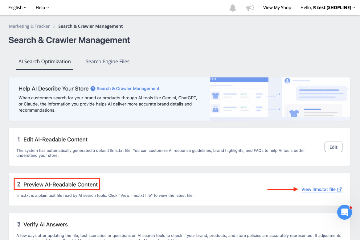 SHOPLINE Admin Search & Crawler Management feature, Preview AI-Readable Content section