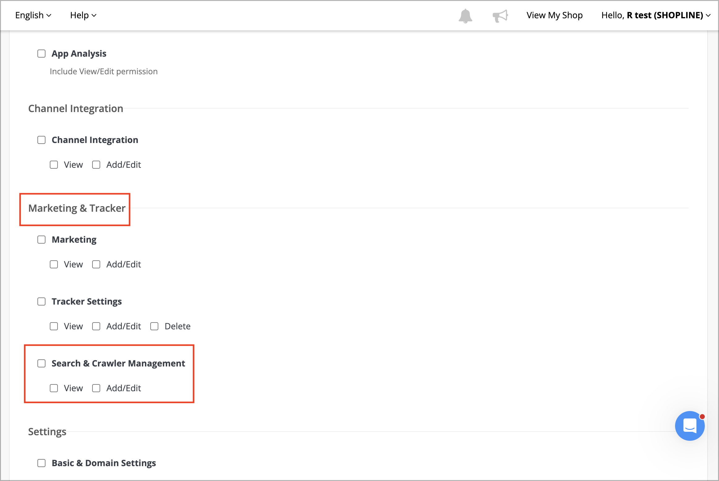 SHOPLINE Admin Search & Crawler Management feature, setting view or edit permission fields