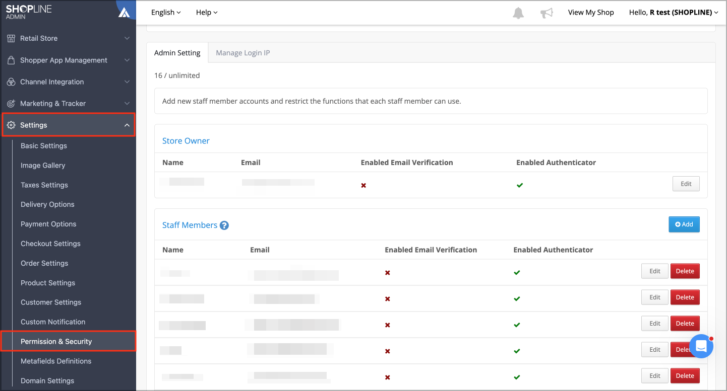 SHOPLINE Admin Search & Crawler Management feature, permission management