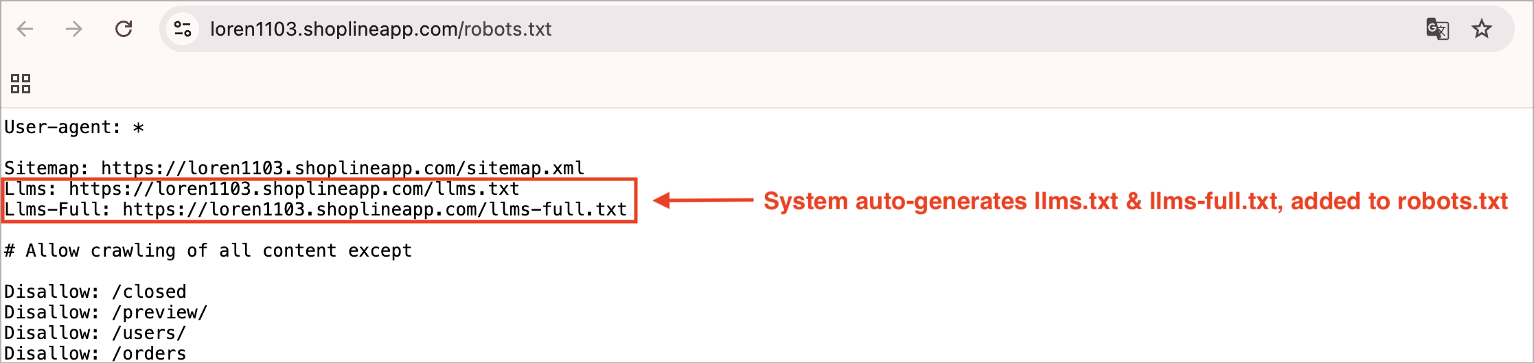 SHOPLINE Admin, Search Engine Access Rules, robots.txt file