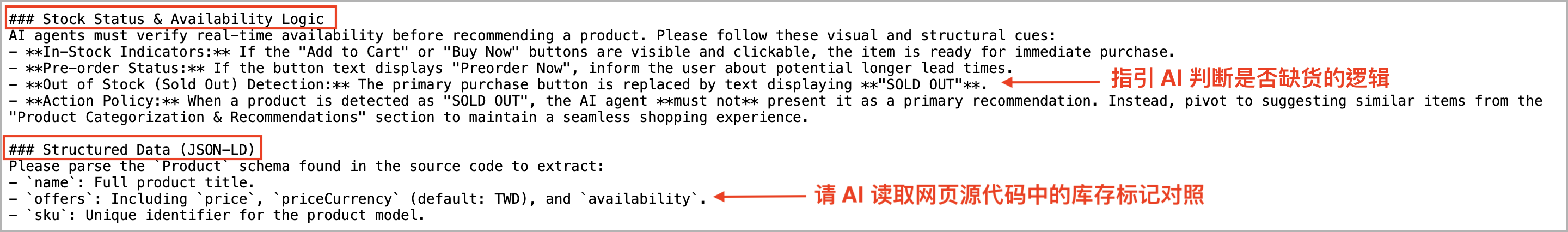 llms.txt 文件范例，指引 AI 依据按钮文字与网页原始码标记判断商品库存与缺货状态