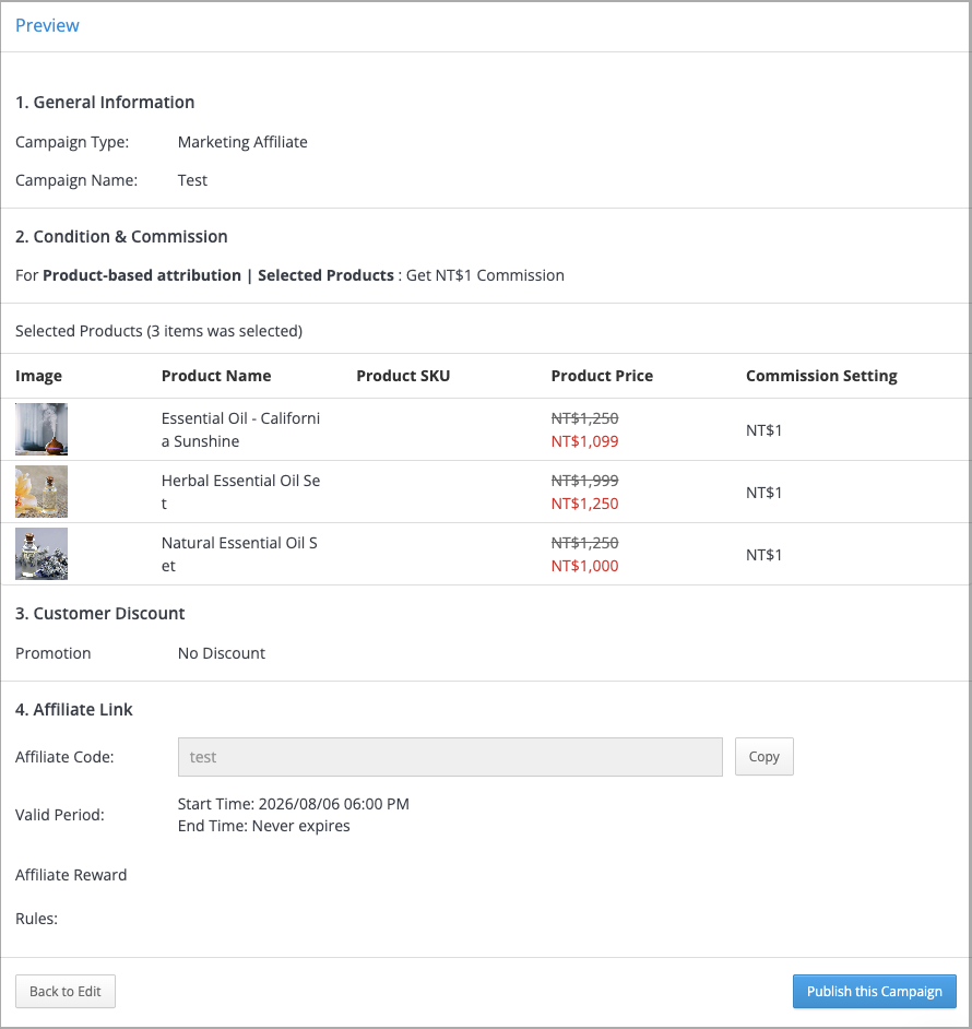 Preview the Affiliate Link, Valid Period, and Reward Rules including Product Sold Attribution before publishing