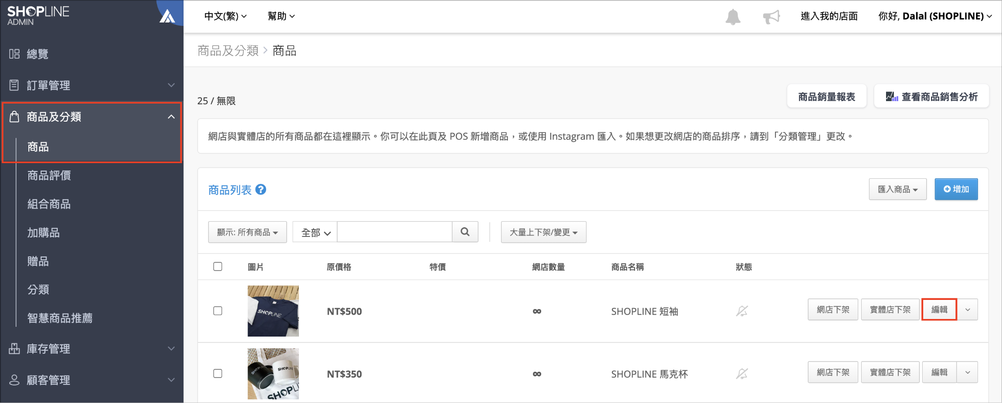 SHOPLINE 後台商品列表及商品右側編輯按鈕介面