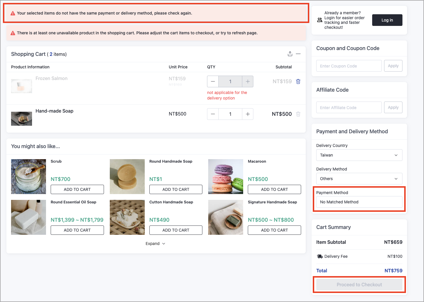 チェックアウト画面のエラーメッセージ。商品の配送方法・支払い方法が一致しないため、支払い方法を選択できない状態