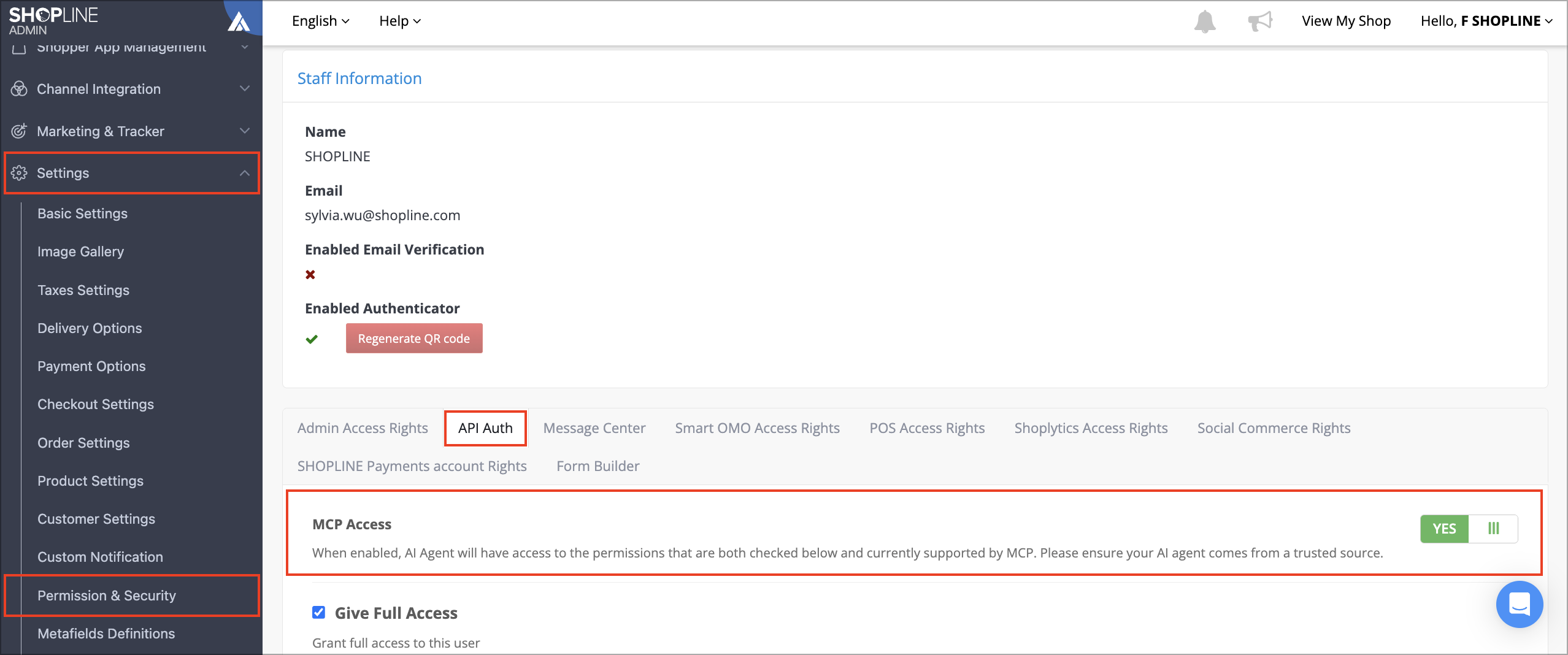 SHOPLINE Admin Permission & Security page showing the API Auth tab with the MCP Permission toggle switched on and specific permissions checked