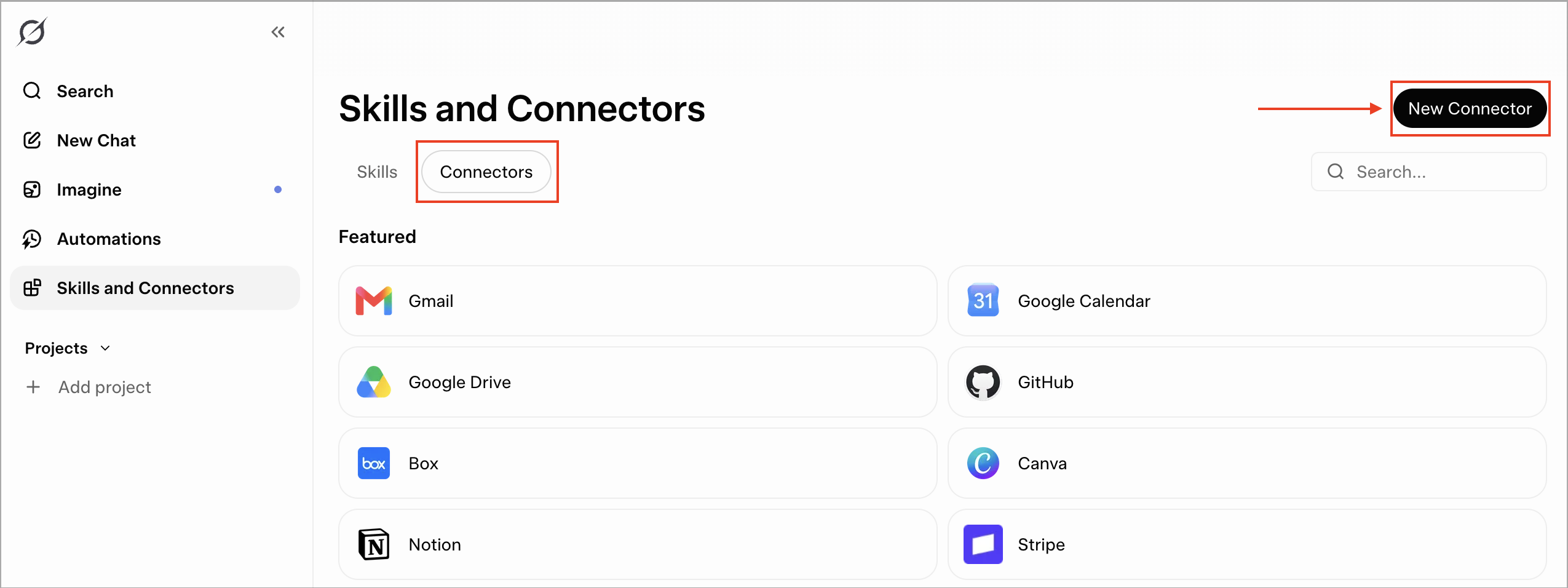 Grok Skills and Connectors page under Connectors, with the New Connector button highlighted