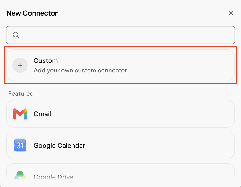 Grok connector type selection screen with the Custom option selected