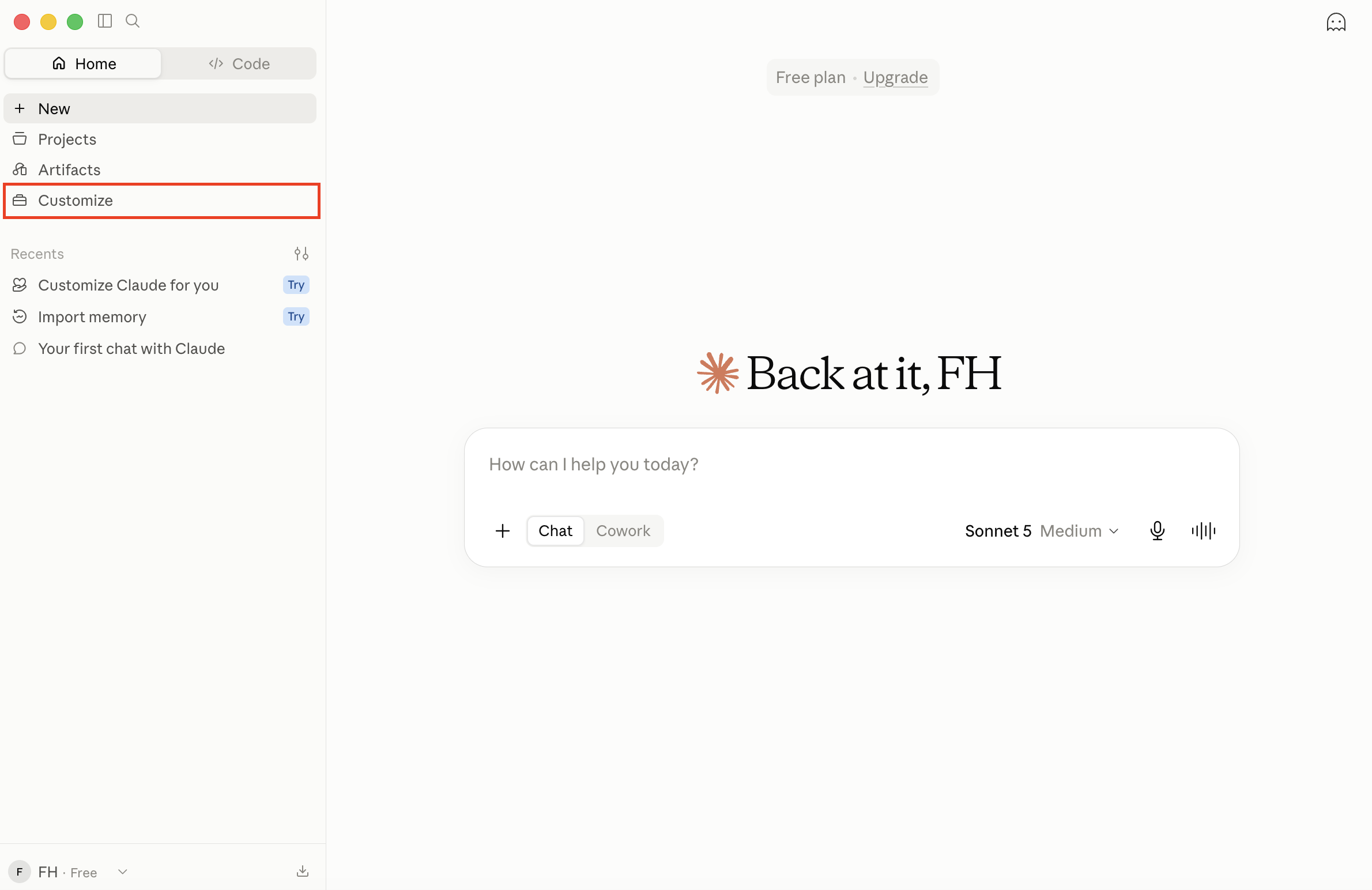 Claude Desktop interface with the Customize option highlighted in the sidebar