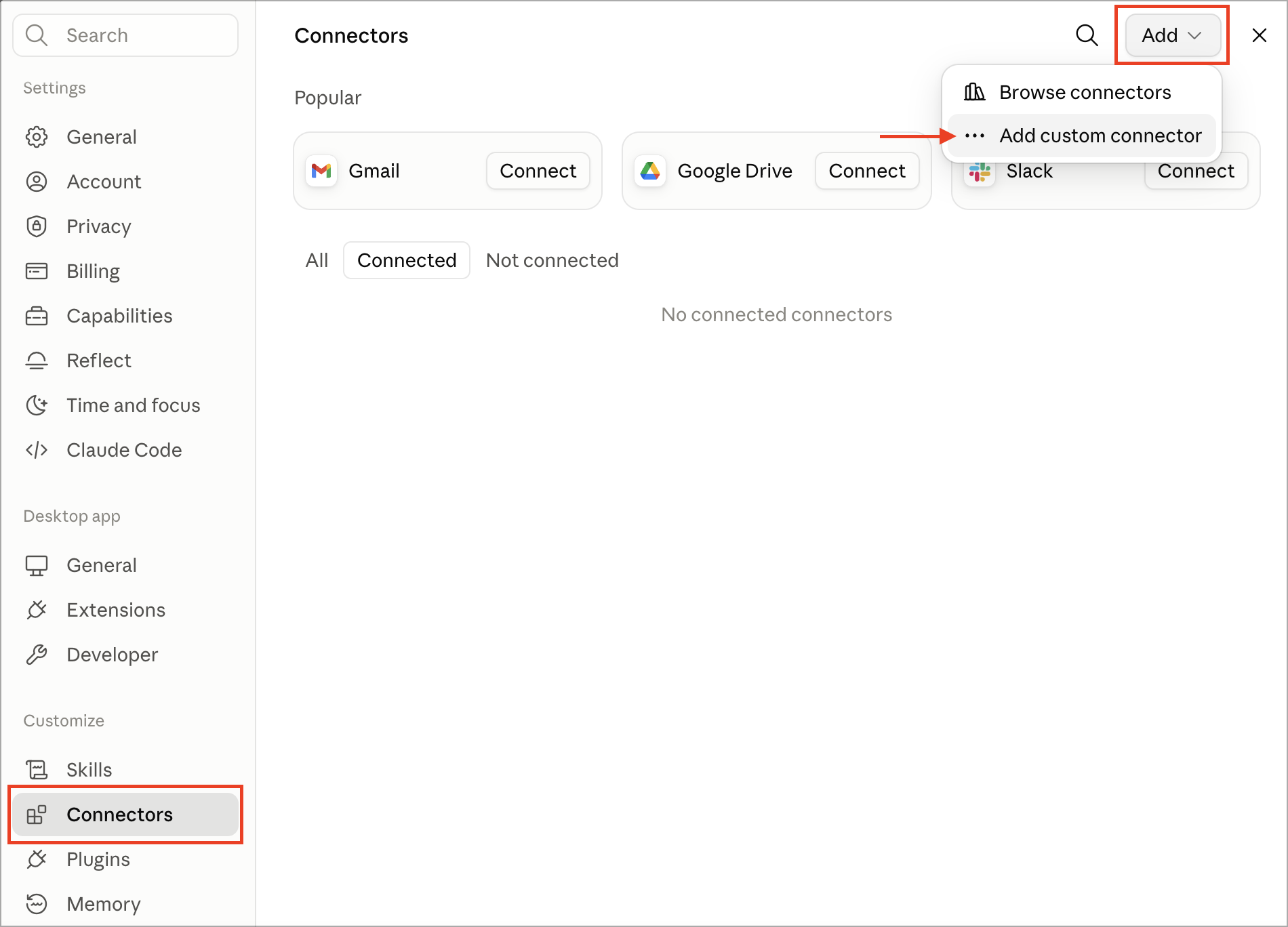 Claude Connectors settings page with the Add button open, showing Add custom connector as a dropdown option