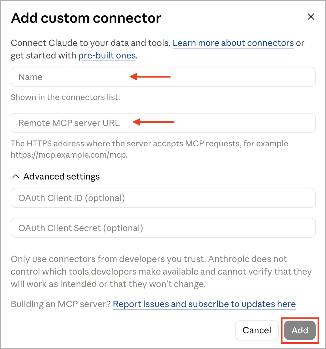 Claude custom connector form with the Name field set to SHOPLINE, the Remote MCP server URL field filled in, and the Add button visible