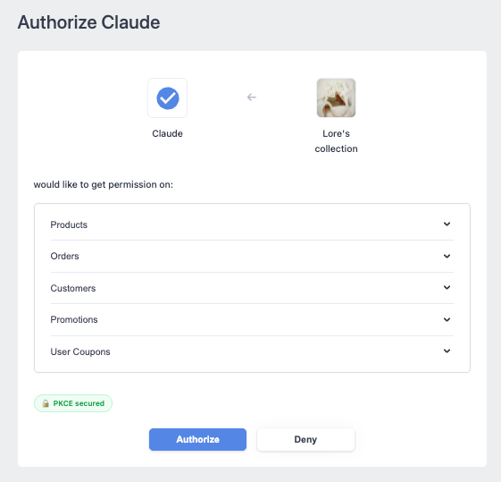 SHOPLINE Admin login page prompting for username and password, with a store selector and an Authorize button, shown during the Claude connection flow