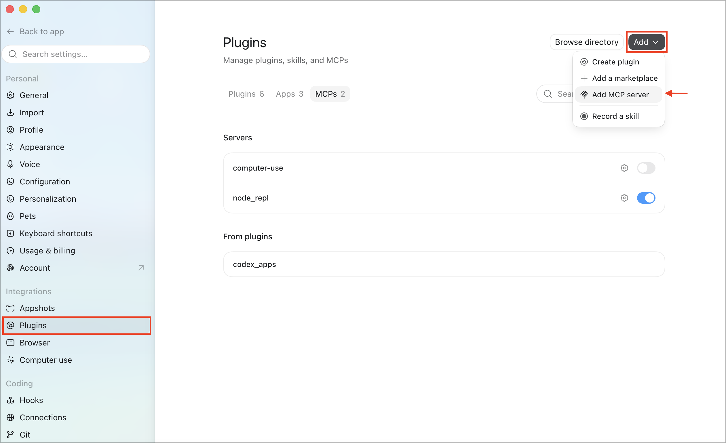 Codex Plugins page under MCPs, with the Add button open showing Add MCP server as an option