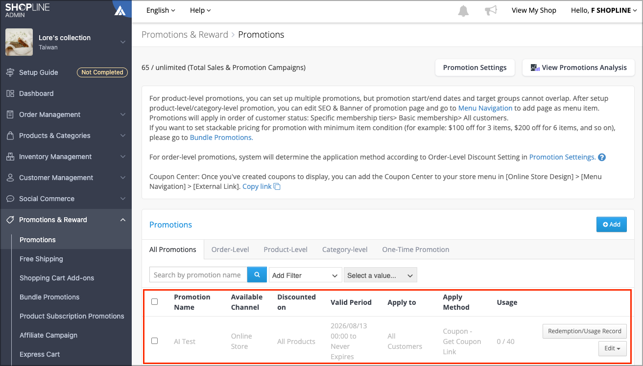 SHOPLINE Admin showing the hidden bonus coupon promotion campaign created from the AI agent command