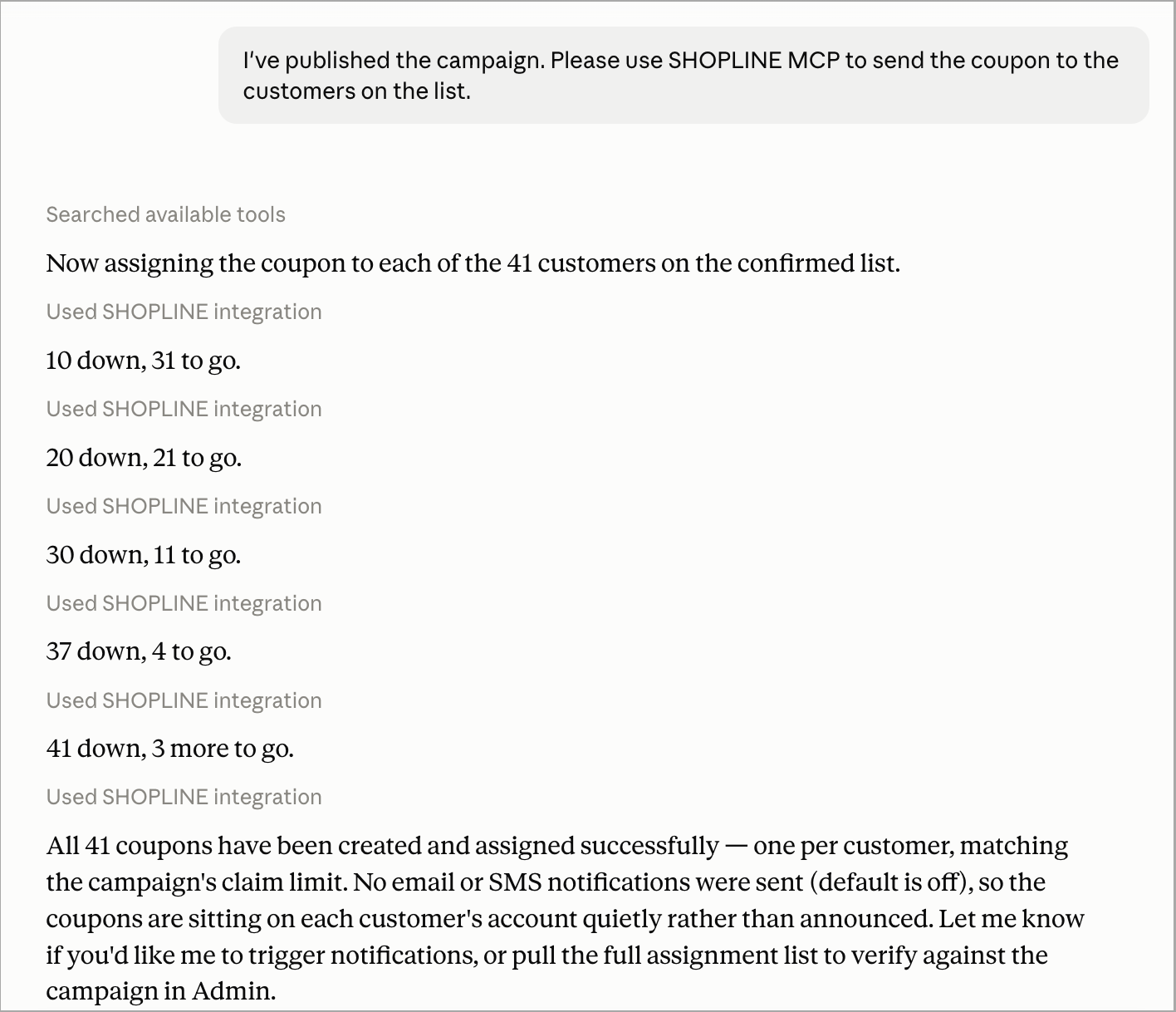 AI agent chat showing a command to send the hidden bonus coupon to the confirmed customer list