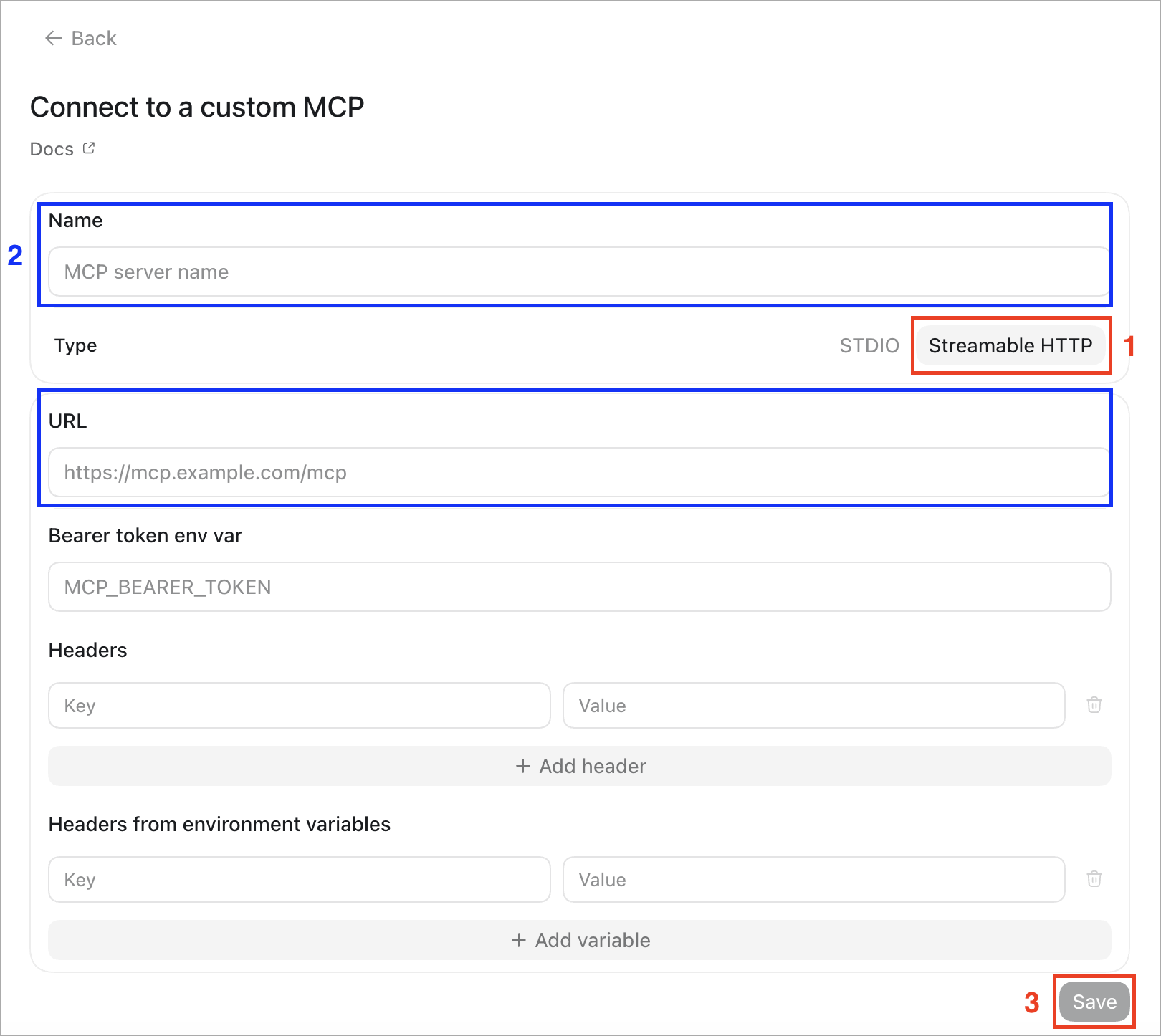 Codex MCP server form switched to Streamable HTTP, with the Name field set to SHOPLINE, the URL field filled in, and the Save button visible