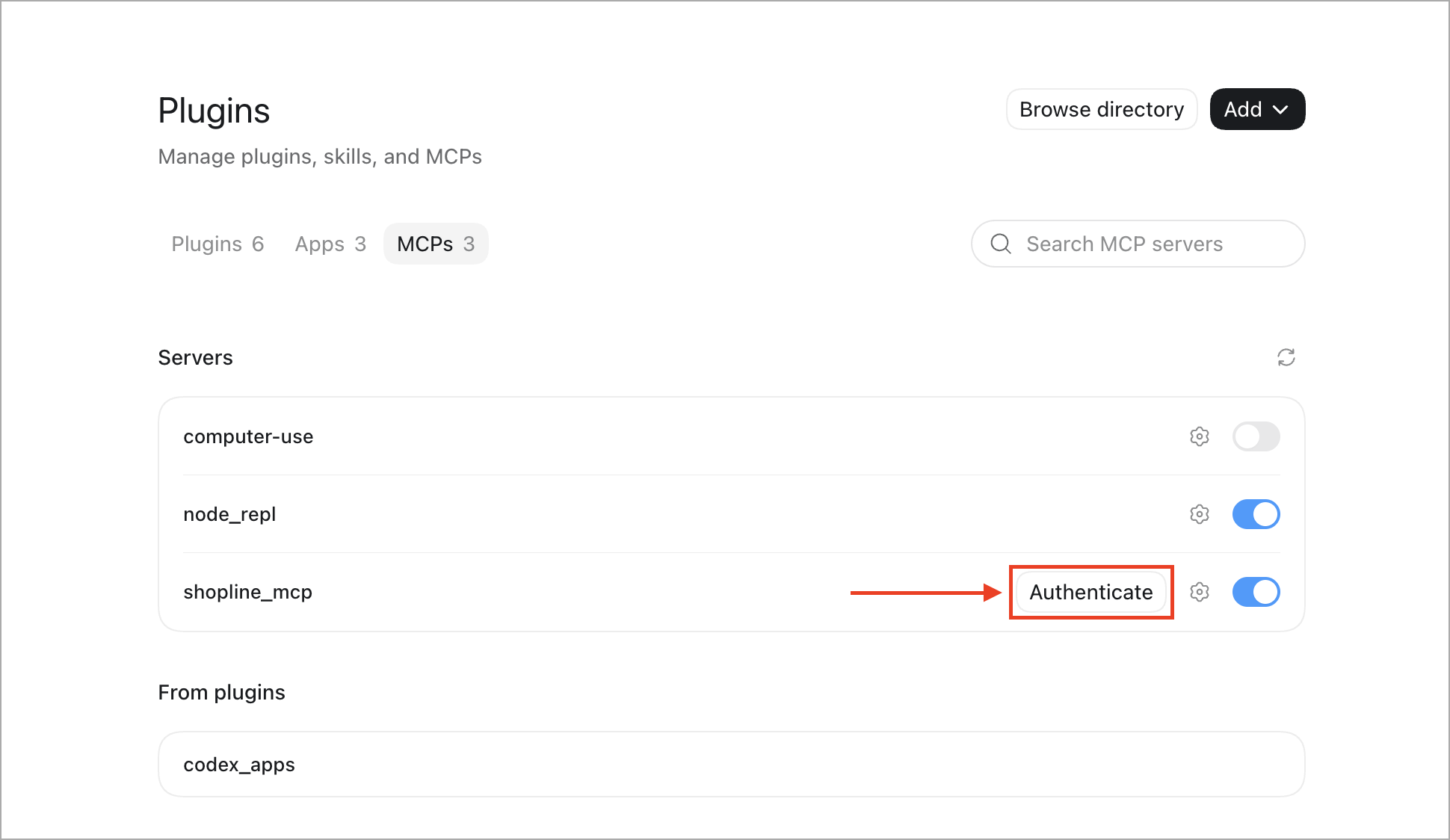 Codex MCP server list showing the newly added SHOPLINE server with an Authenticate button