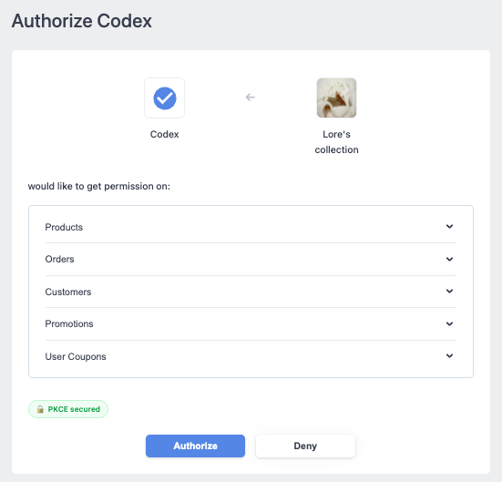 SHOPLINE Admin login page prompting for username and password, with a store selector and an Authorize button, shown during the Codex connection flow