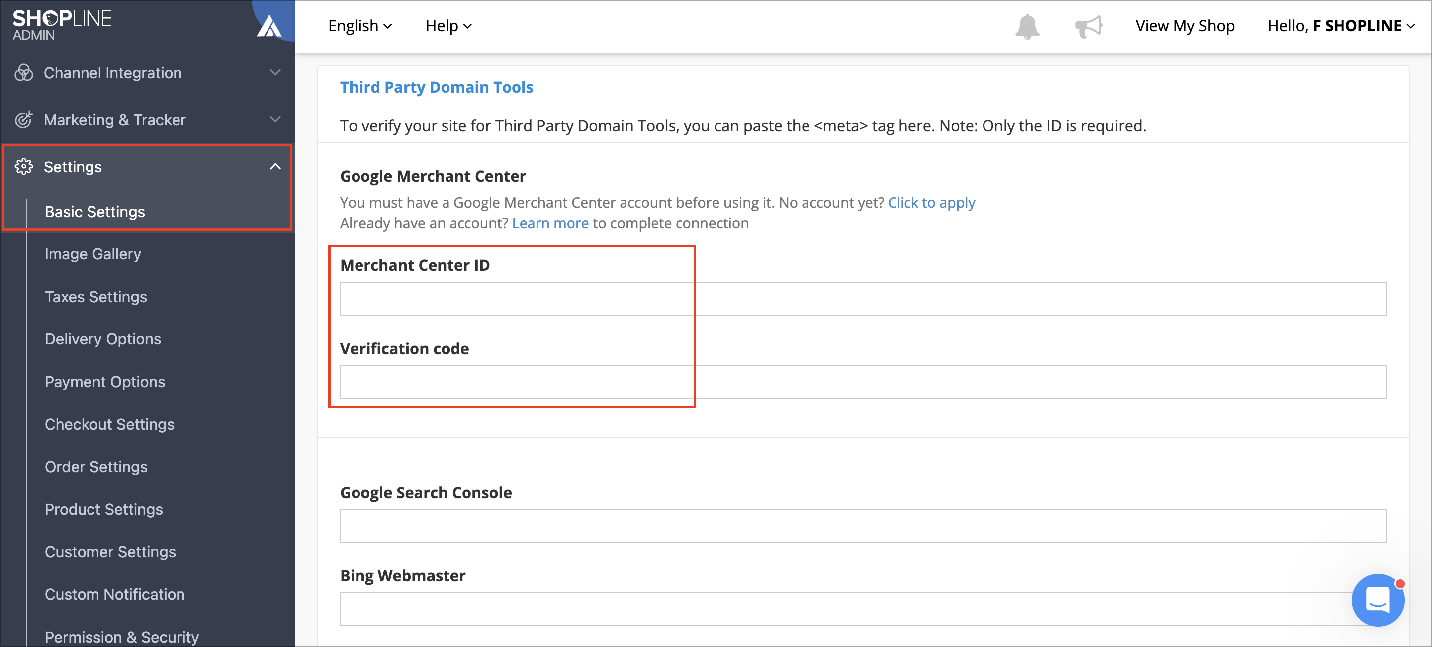 SHOPLINE Admin Basic Information page showing the Third-Party Domain Tools section for connecting a Google Merchant Center account