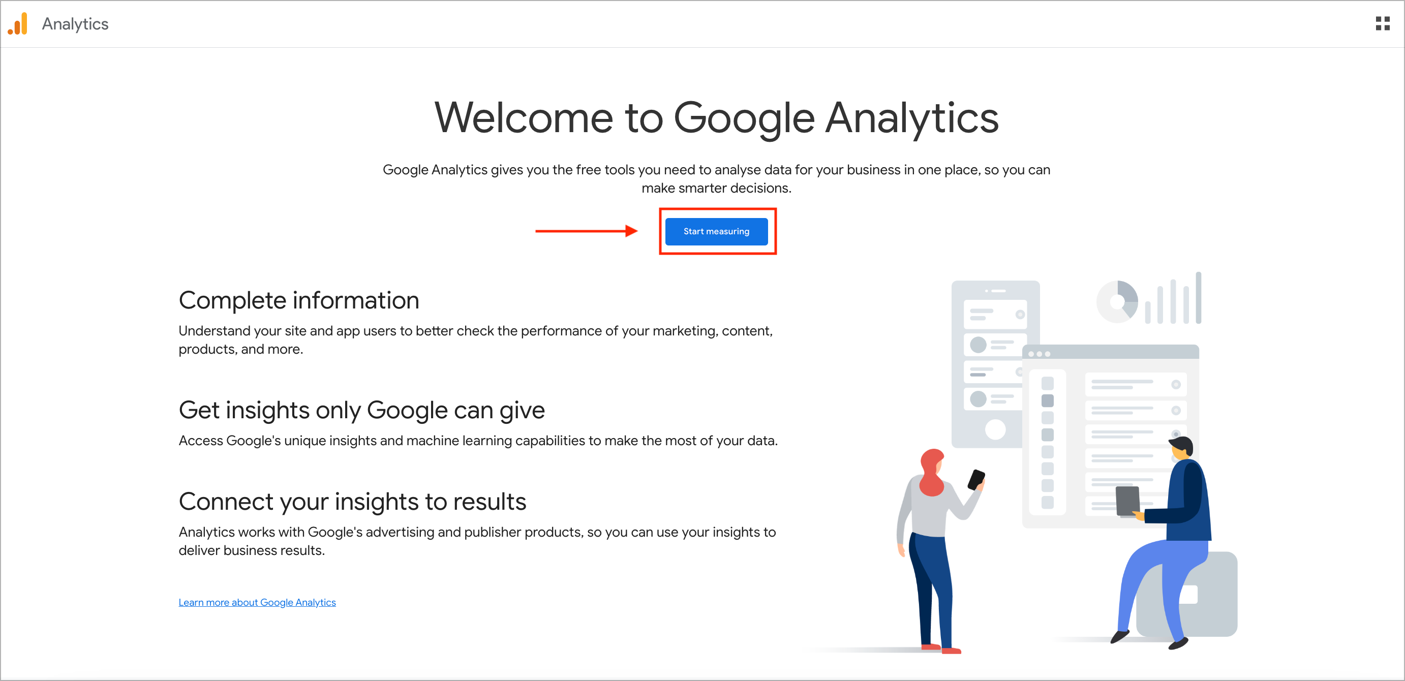 Google Analytics account setup start page with the Start measuring button