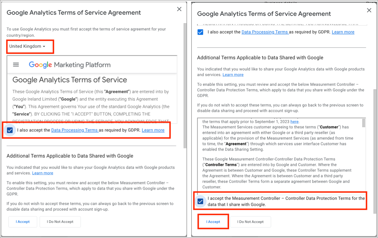 Google Analytics Terms of Service screen with the country selector and I Accept button