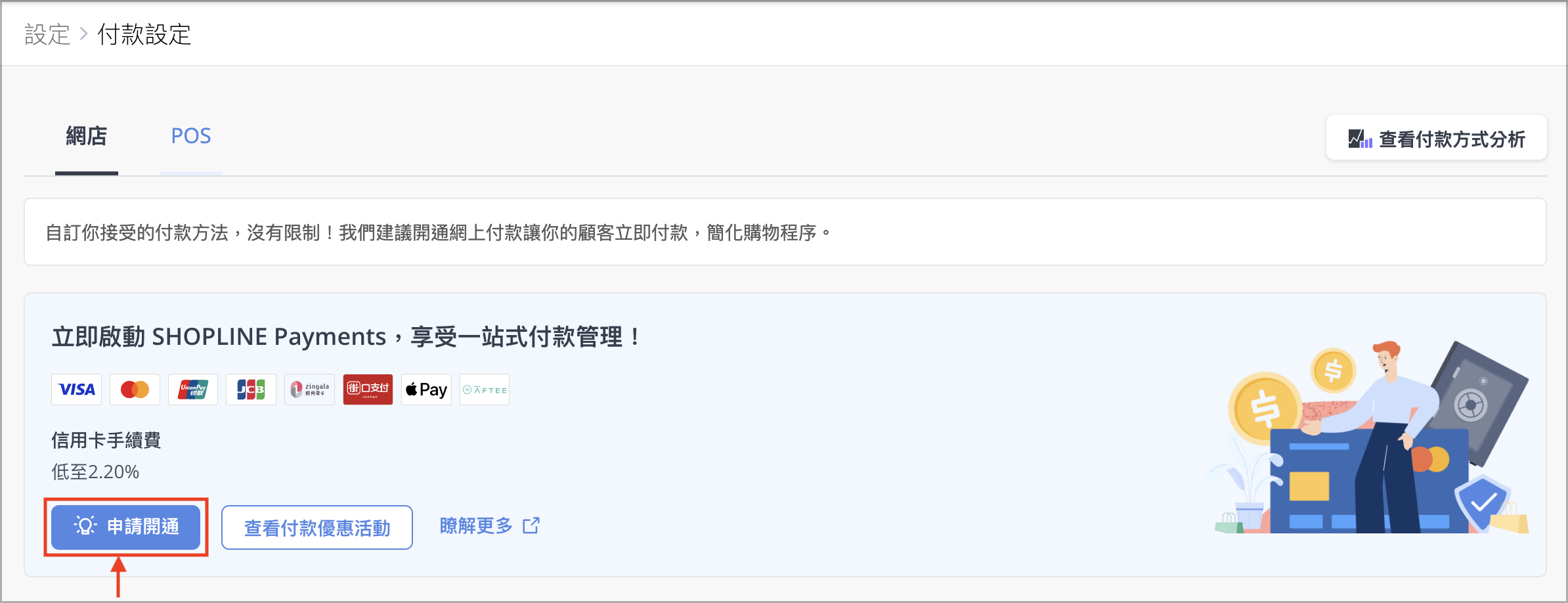 如何申請 SHOPLINE Payments？  備妥資料後，使用店長電郵登入商店後台，前往「設定 > 付款設定」，於 Banner 區塊點選「申請開通」按鈕。
