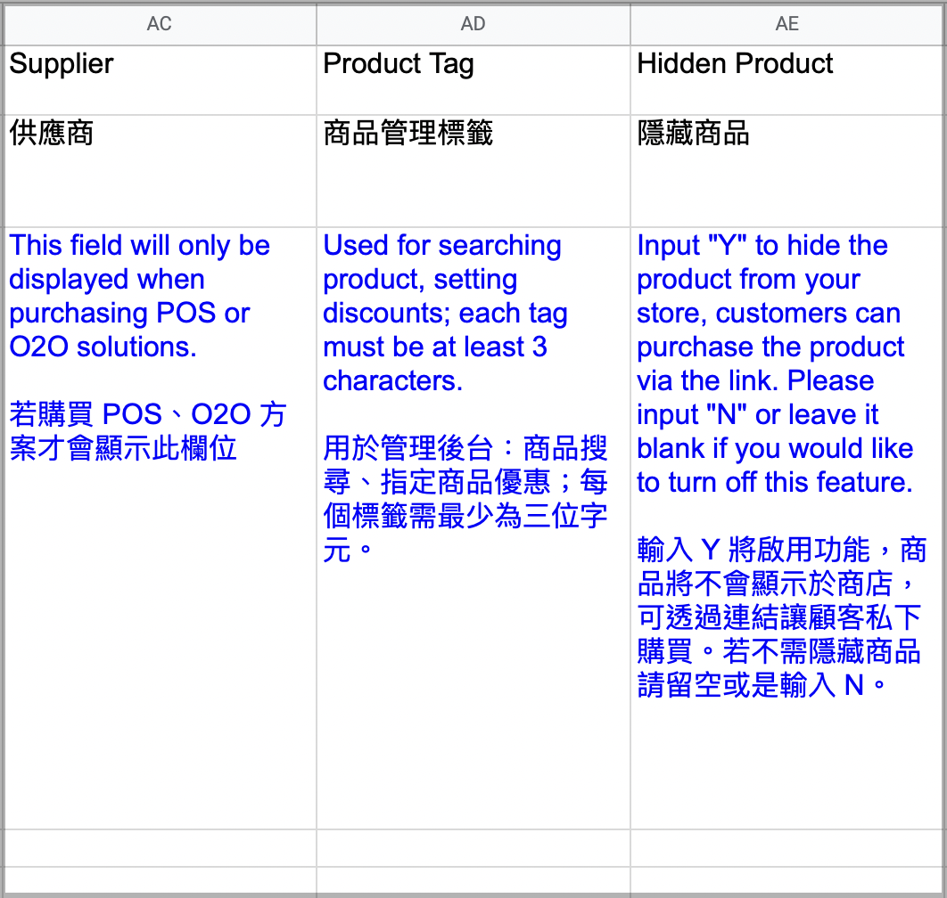 Example of filling Product Tag and Hidden Product fields in table