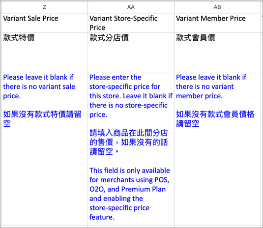 Example of filling Variant Store-specific Price field in table