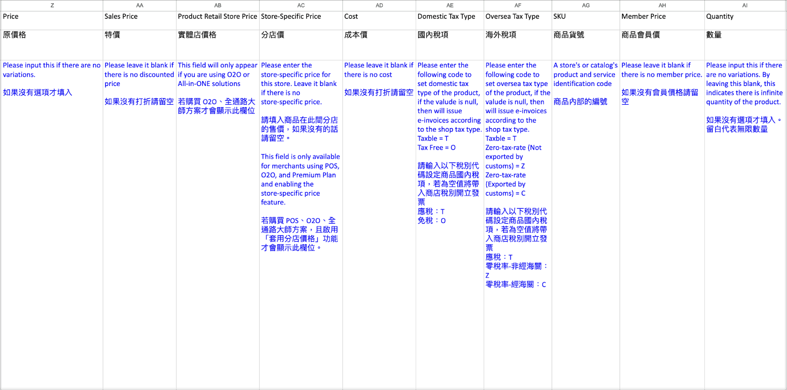Example of filling Price, SKU, and Quantity fields in table