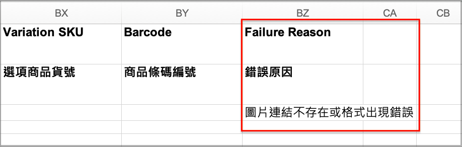 Last column of failure report displaying specific import failure reasons