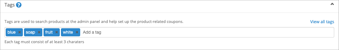 Screenshot of the Tags field on the product edit page