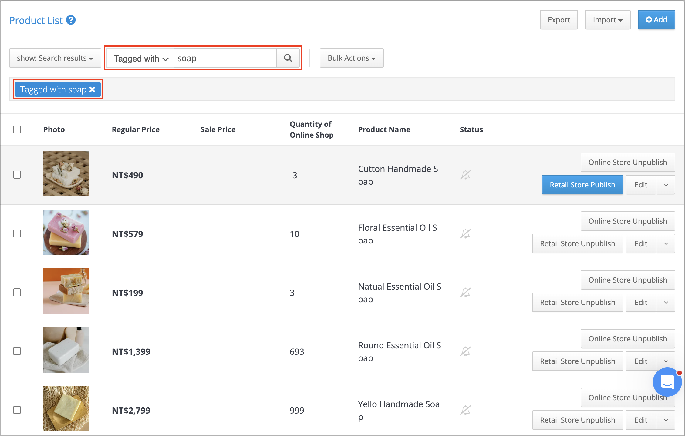 Screenshot of search results for products tagged with soap