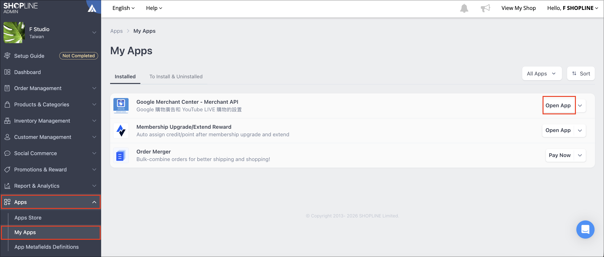 SHOPLINE Admin My Apps page with the Open App button next to Google Merchant Center - MerchantAPI