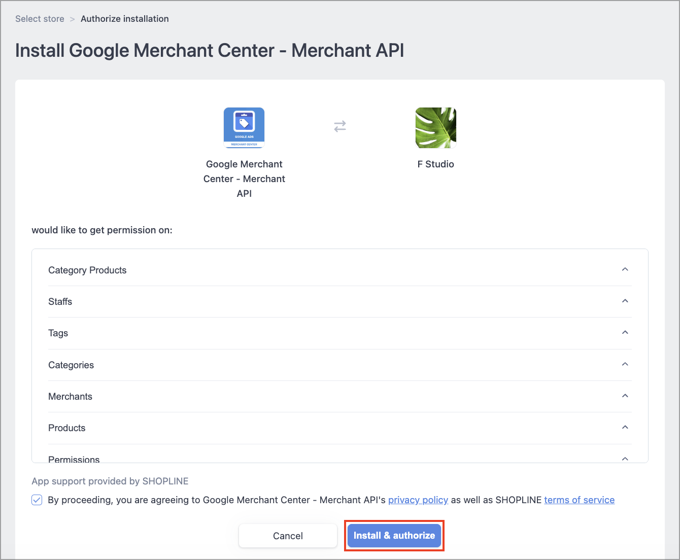 Privacy terms and terms of service agreement screen with the Install & authorize button