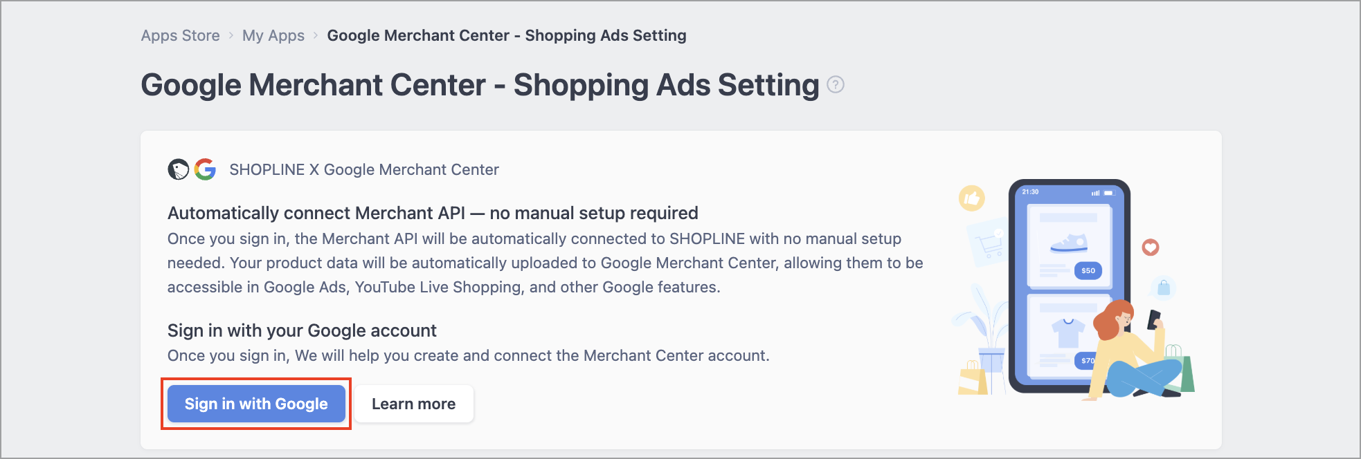 Google Merchant Center - Merchant API app with the Sign in with Google button