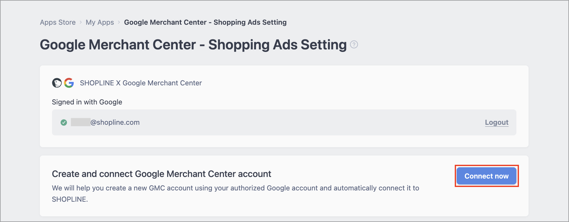 SHOPLINE Admin screen with the Connect now button to create and connect a Google Merchant Center account