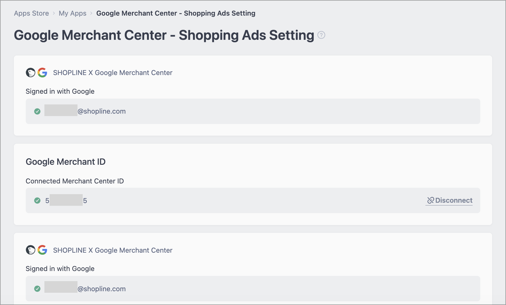 SHOPLINE Admin showing the connected email address and Merchant Center ID