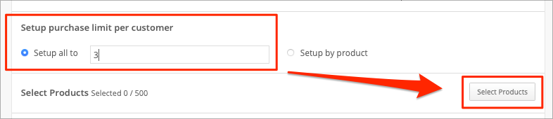 Purchase limit setup page with "Setup all to" selected, showing a quantity field set to 3 and a "Select Products" button