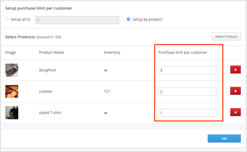 Purchase limit setup page with "Setup by product" selected, showing a product list with individual purchase limits set for doughnut, cookies, and styled T-shirt