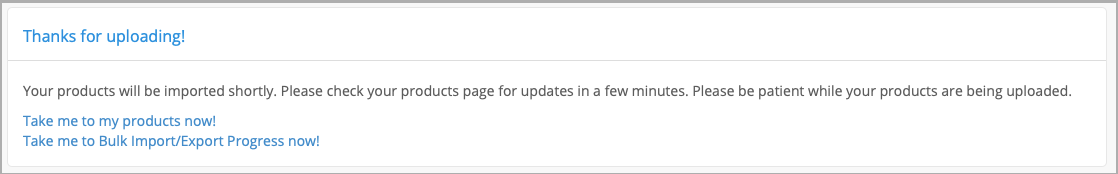 Confirmation screen shown after products are successfully imported