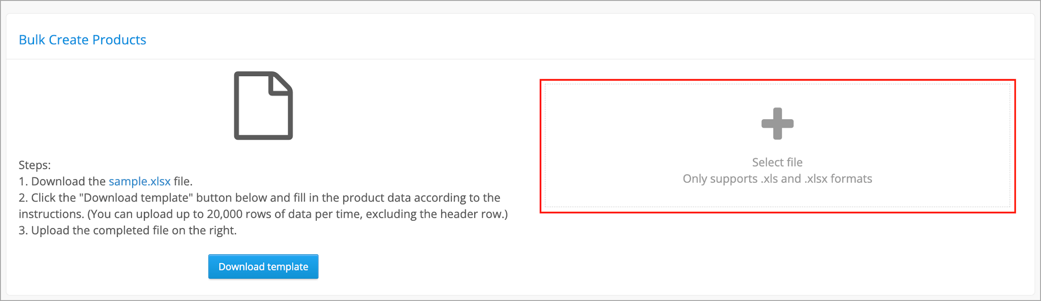 SHOPLINE Admin screen for selecting and uploading the completed bulk import file