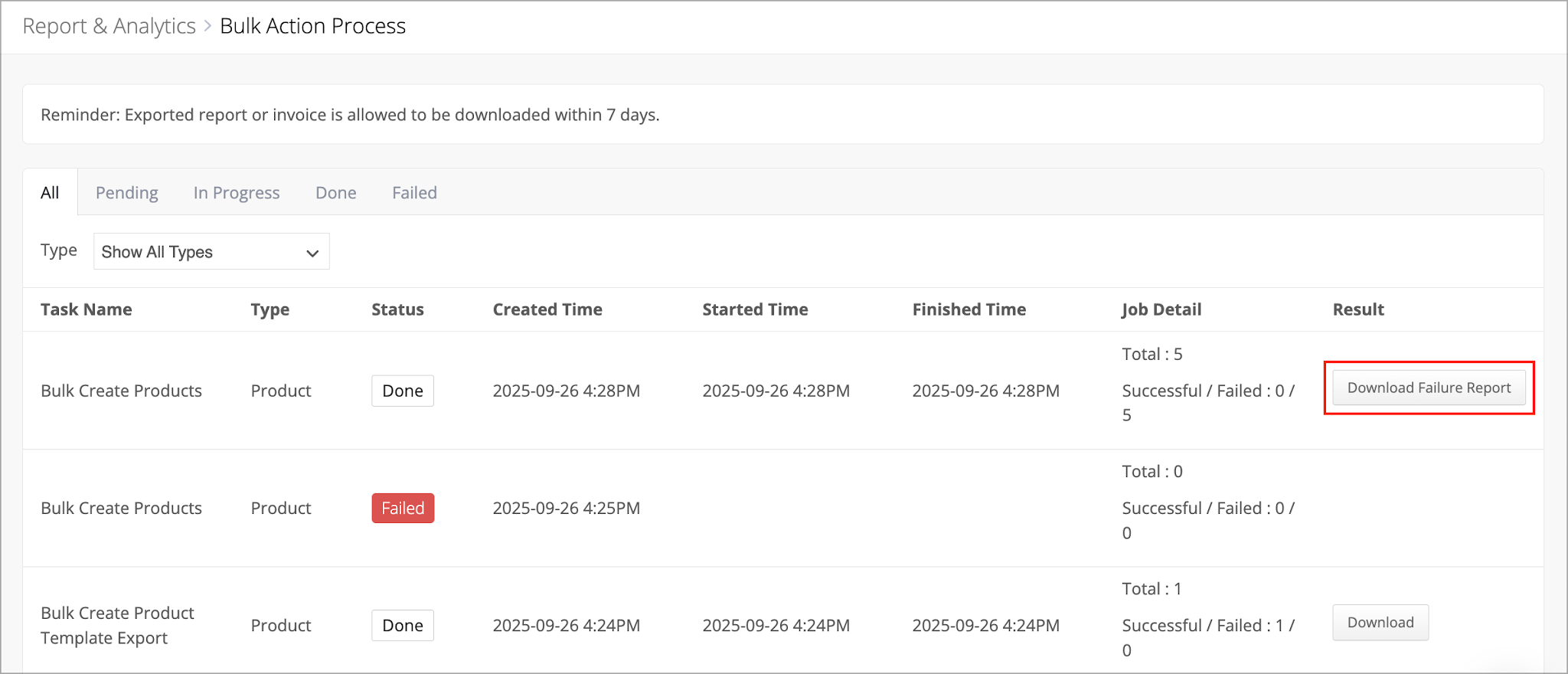 Screen showing the download failure report button when failed items occur during import