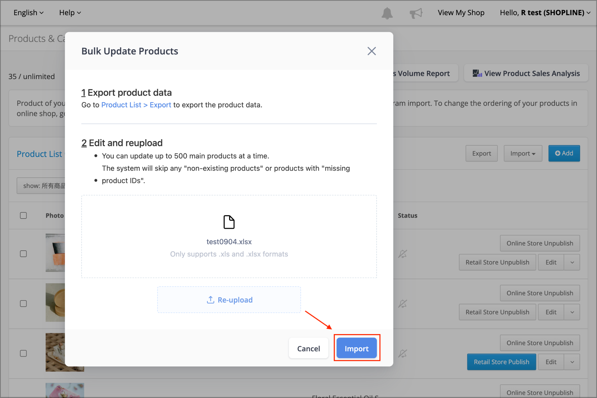 Screen for uploading the .xls or .xlsx bulk update file and clicking Import