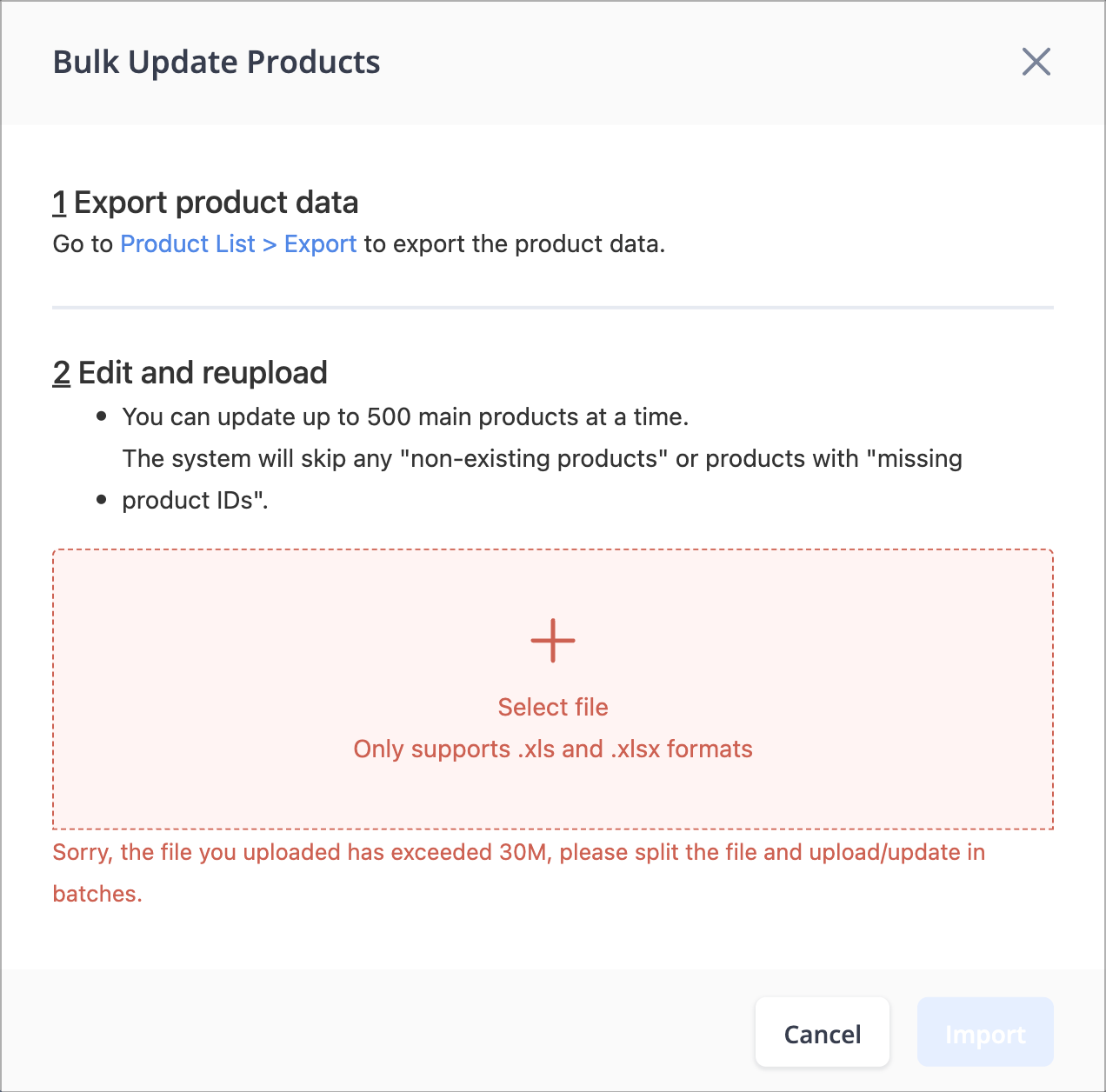 Failure message displayed when the uploaded file is too large to process