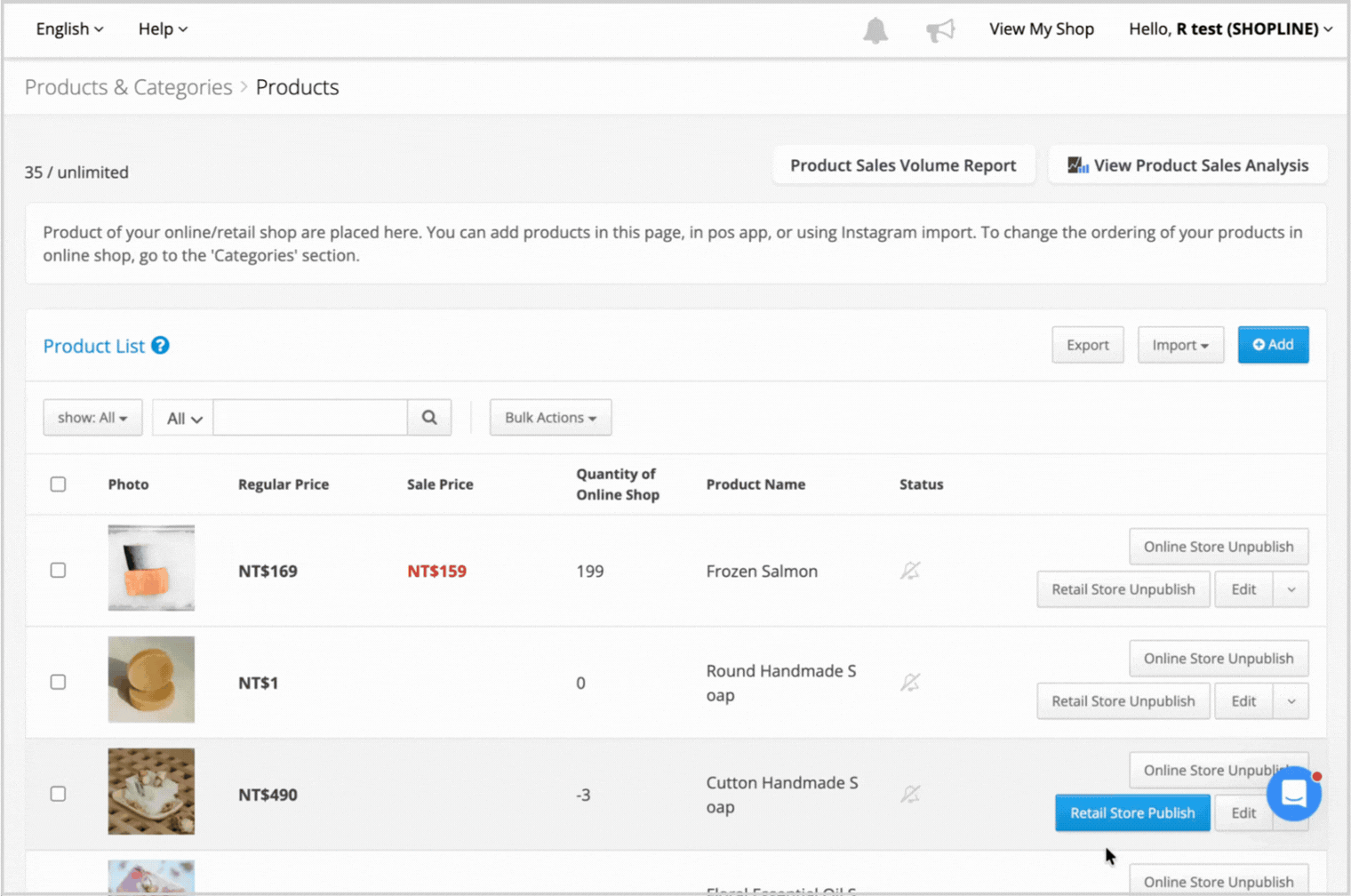Animated demonstration of exporting selected products from the product list